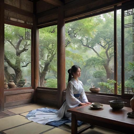 一间设计现代简约融合中式元素的茶室内部空间全景