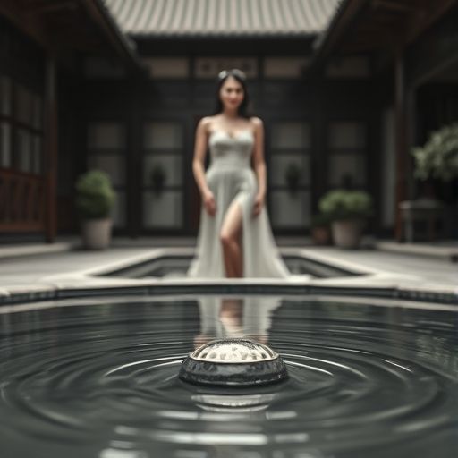 茶室庭院中的流水与茶桌