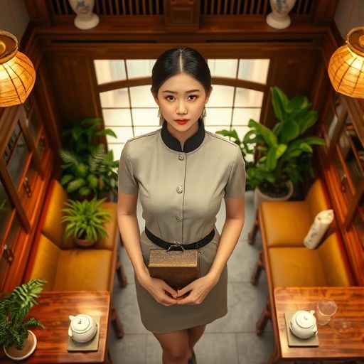 茶室内的木质桌椅与茶具摆设