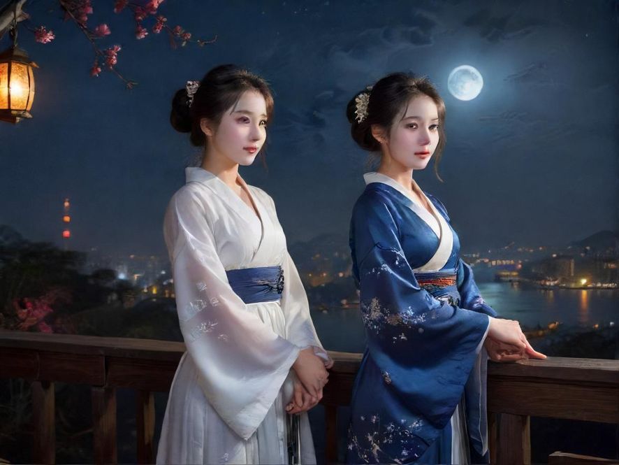 江南园林夜晚局部特写，柔和的灯光映照着亭台楼阁，营造出静谧而富有诗意的氛围