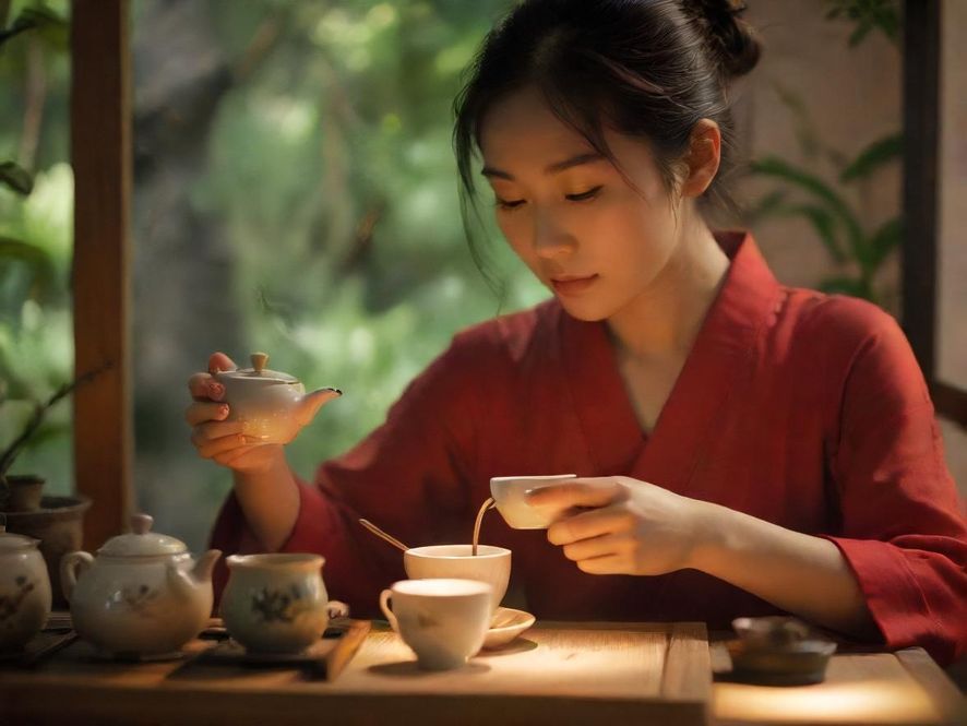 茶艺师在深圳私人工作室中专注地为客人泡茶,光影效果极佳