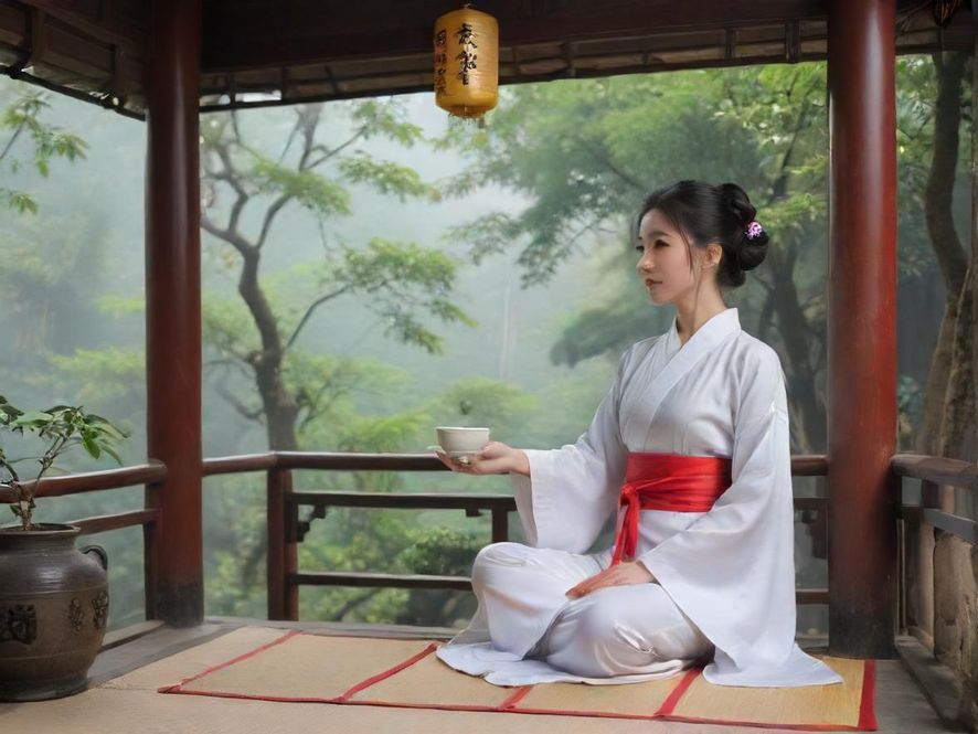 深圳一处私密且奢华的中式茶社,光线柔和,充满古典韵味。