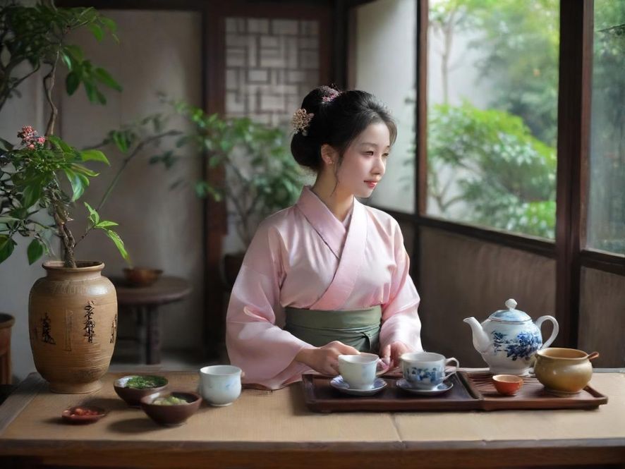 广州一家特色品茶会所的局部特写,展现其古典中式风格和柔和的灯光