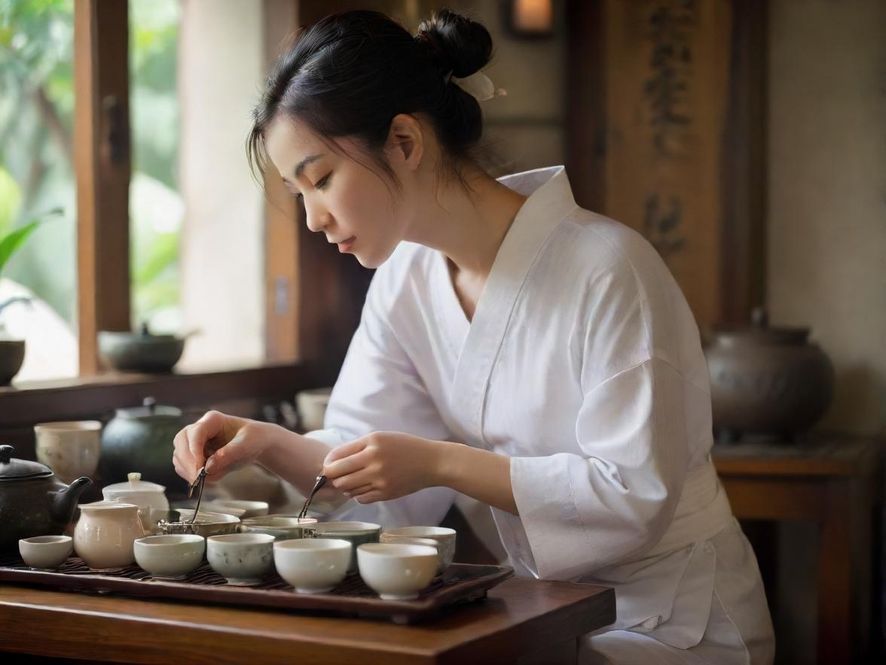 一位茶艺师在宁静的茶室中专注地泡茶,展现了深圳休闲放松的另一面。