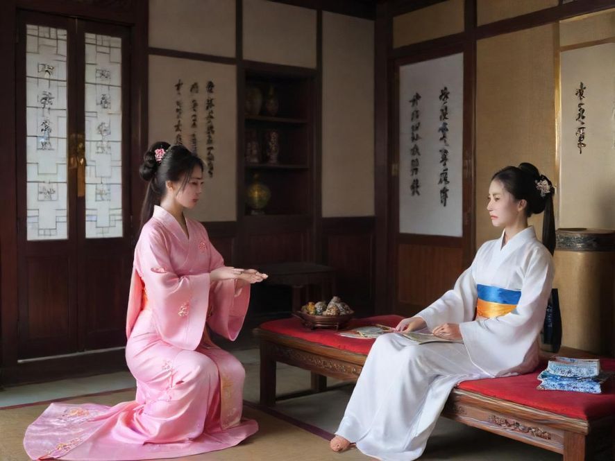 一间充满中式雅致的会所内部，灯光昏暗，氛围奢华而私密