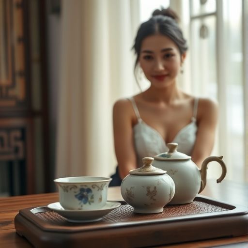 一套精致的茶具摆放在木质茶桌上