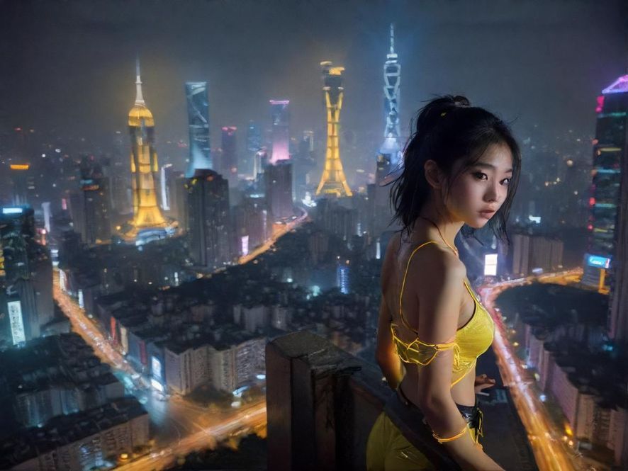 广州都市夜景，车水马龙，霓虹闪烁，充满赛博朋克风格的繁华景象。