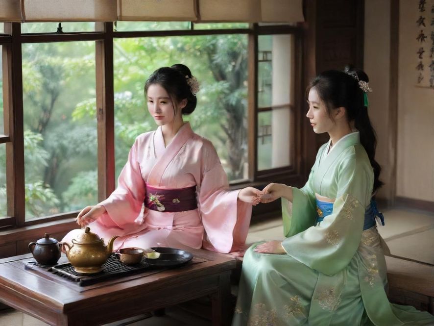 一位茶艺师正在古色古香的茶室中,用精致的茶具娴熟地泡茶,光影唯美。