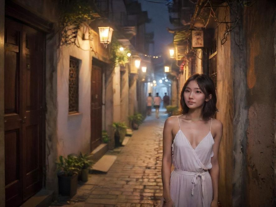 广州老城区一条隐秘的巷道入口，光影交错，充满电影般的神秘感。