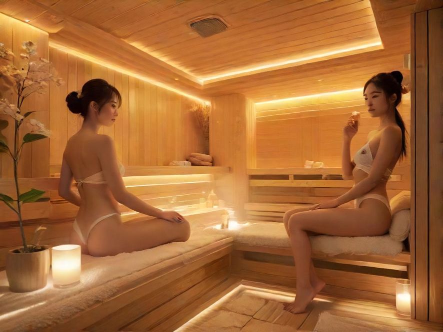 一个现代奢华的桑拿休闲区,灯光柔和,环境舒适