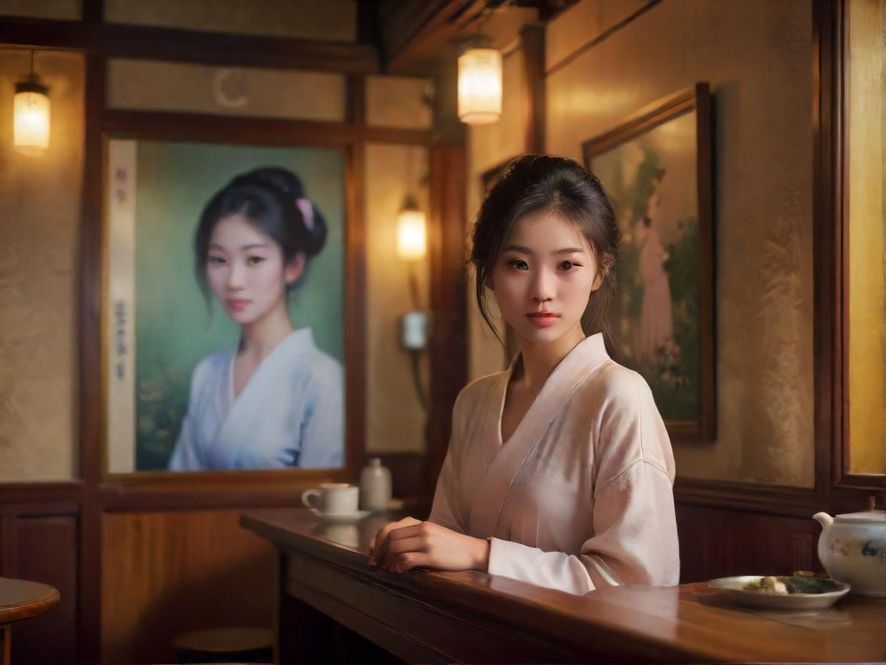 广州一间充满宁静氛围的茶室内部,柔和灯光营造舒适感