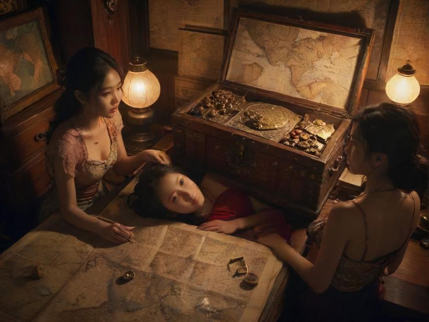 一个打开的神秘宝箱，里面放着一张古老的地图，散发着微光，暗示着寻找风楼阁最新发布地址的旅程。