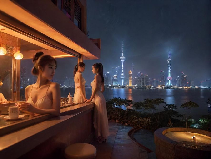 广州茶室现代简约风格与城市夜景相融合的全景画面