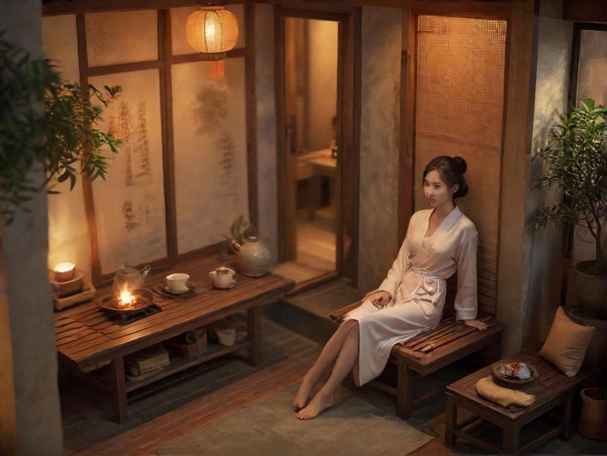 广州隐藏茶社的轴测视角写实照片,背景是桑拿汗蒸房,氛围私密而放松。