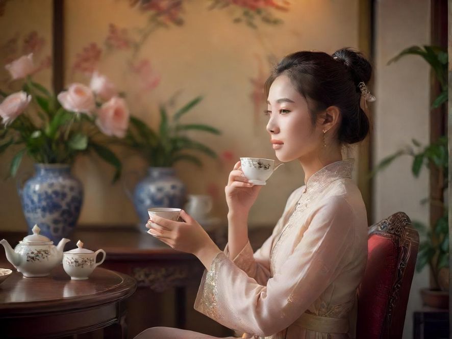 广州喝茶美女在雅致茶室中品茶的唯美画面