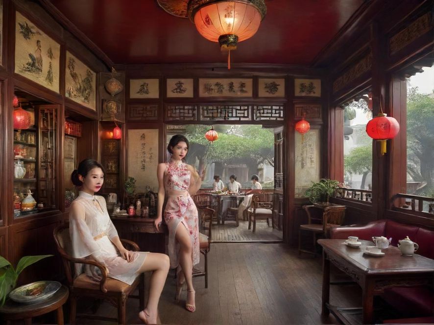 广州复古茶室全景品茶环境