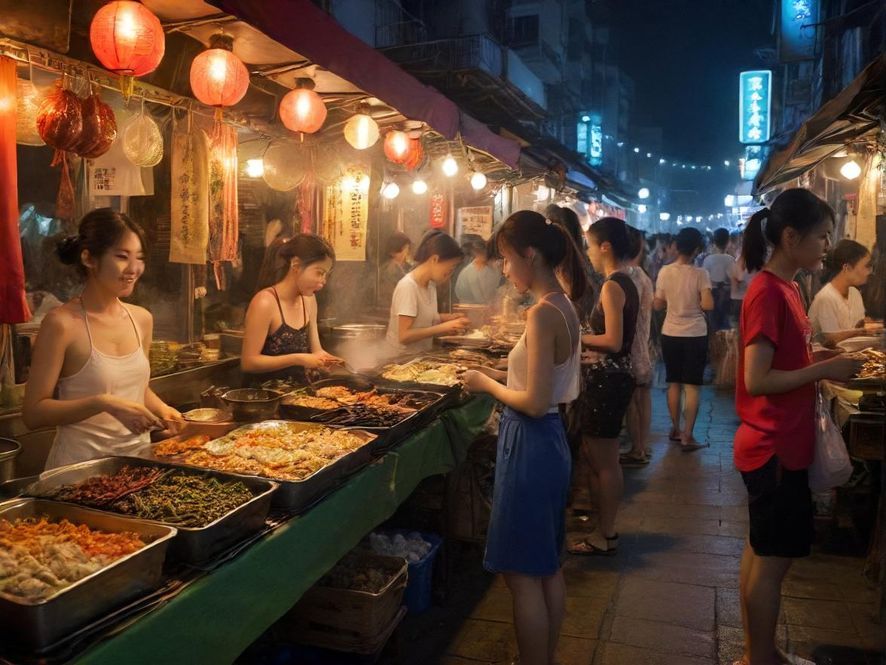 广东夜市美食街,灯火辉煌,人来人往,充满人间烟火气