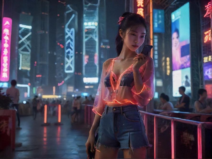 在深圳夜景下通过手机浏览休闲娱乐论坛信息