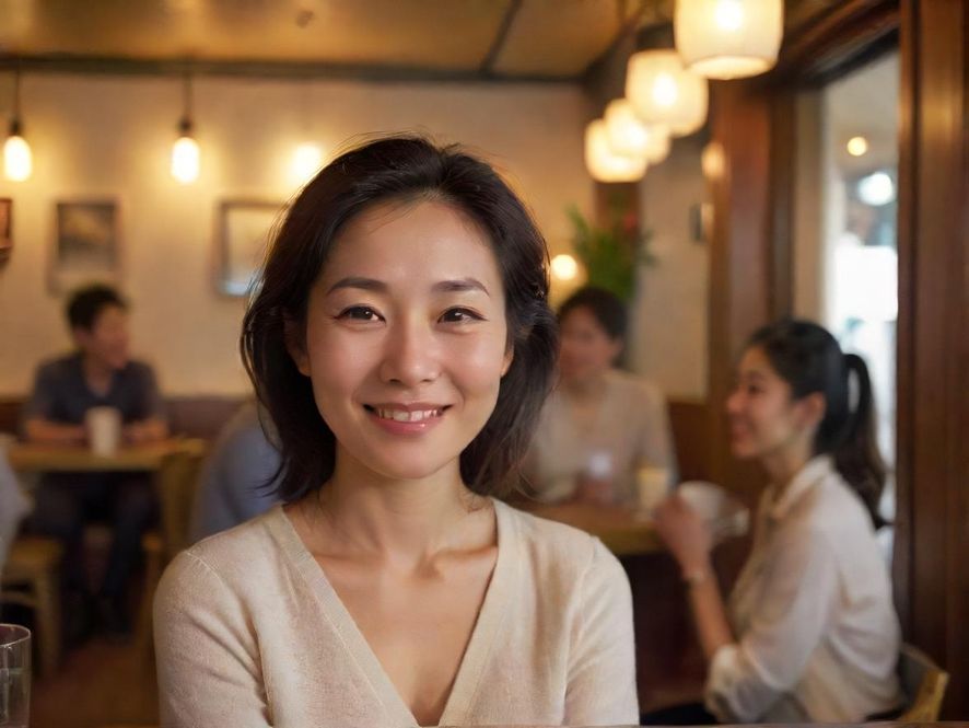 一位面带微笑的熟女在咖啡馆中沉思