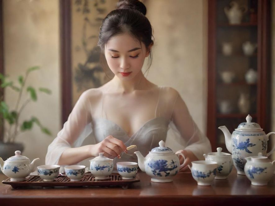 一位身着传统服装的茶艺师，双手优雅地操作着一套精致的古典茶具，背景模糊，突出人物和茶具的细节。