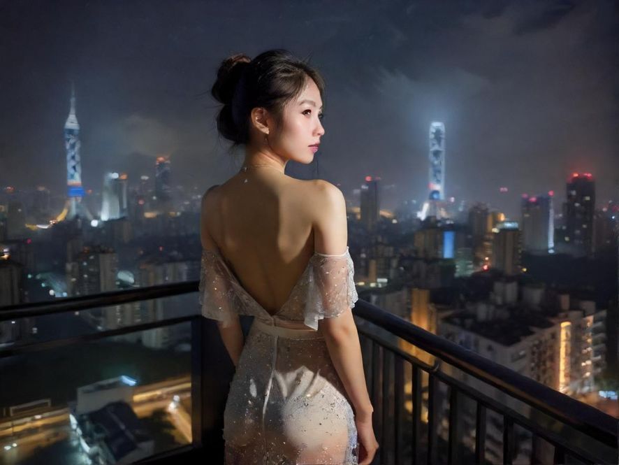 广州夜景中的都市女性背影,展现休闲与放松的氛围