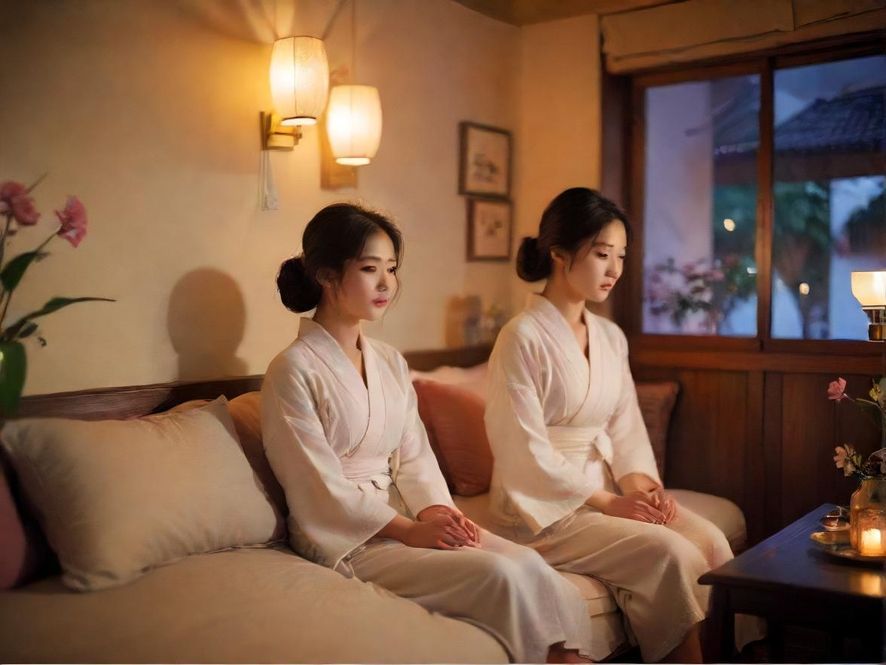 一间充满东方韵味的私密茶室，柔和的灯光洒落在精致的木质家具上，营造出宁静而温馨的氛围。