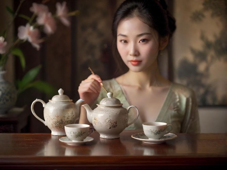 一套精美的茶具在柔和的光线下，背景是模糊的静谧空间