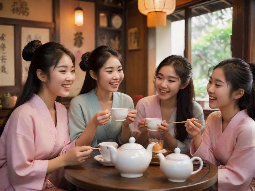 广东特色茶馆内,几位朋友围坐品茶,笑语不断,气氛温馨