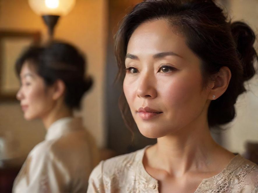 一位气质优雅的熟女在温馨茶室中品茶