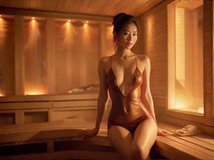 一间现代设计风格的桑拿房内部,温暖的灯光透过木质结构散发出来,特写镜头聚焦在精致的细节上,整体呈现出奢华舒适的会所环境,暗示了高品质的休闲体验。