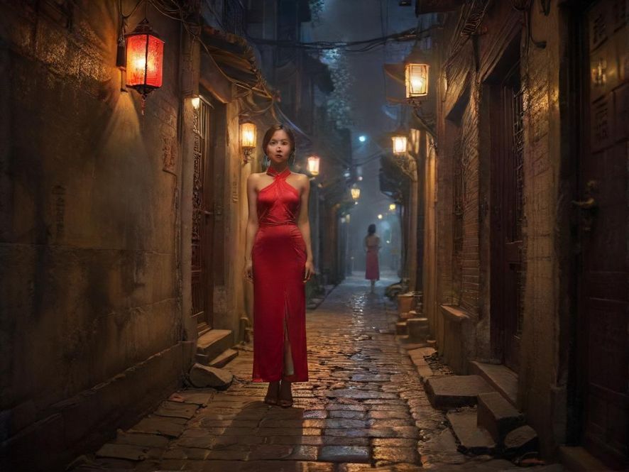 广州夜色下的巷道，透露着一丝神秘感