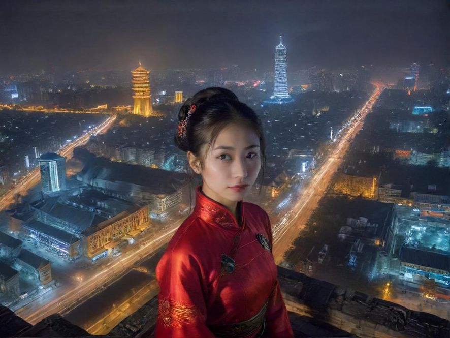 西安夜晚城市天际线,古城墙与现代建筑交相辉映