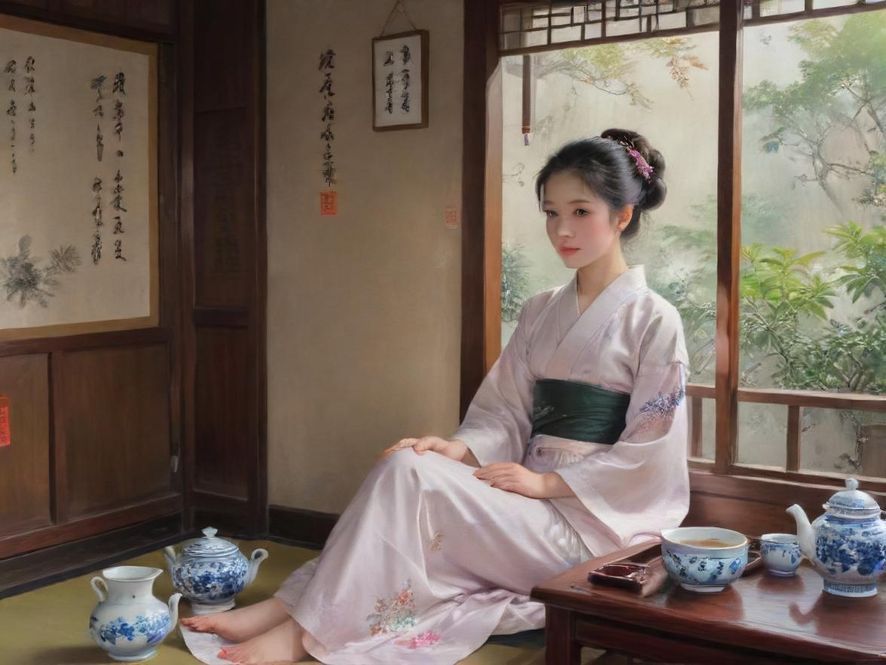 一位女子在广州茶馆雅座中品茗，背影在柔和光线中显得唯美，营造出私密雅致的氛围