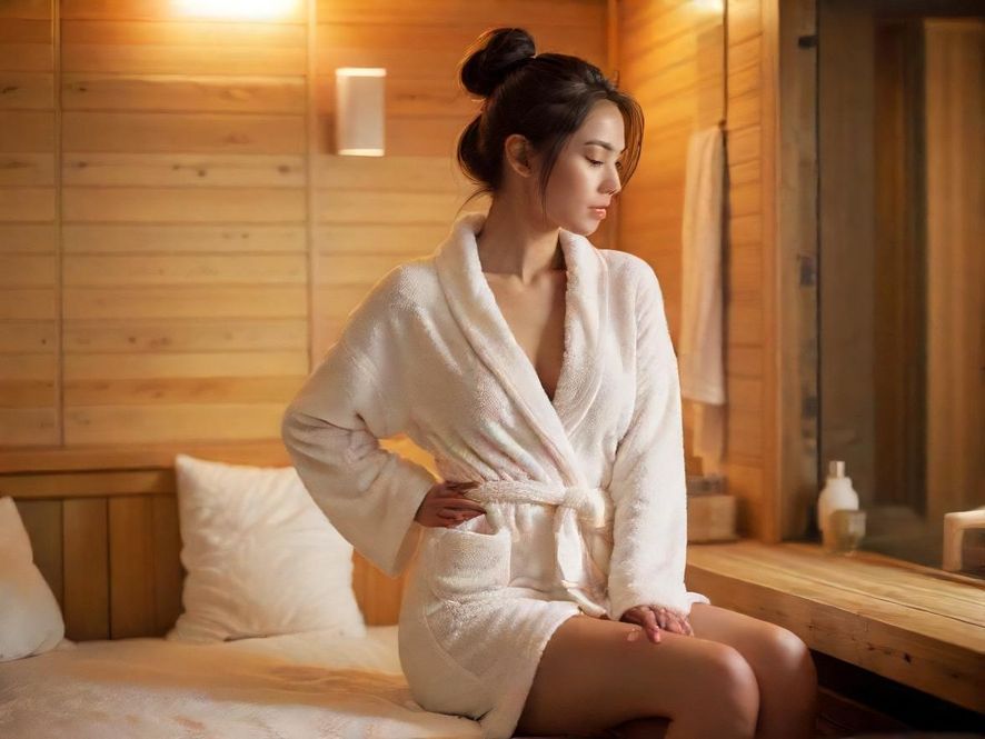 一位顾客在豪华桑拿休息区享受片刻宁静