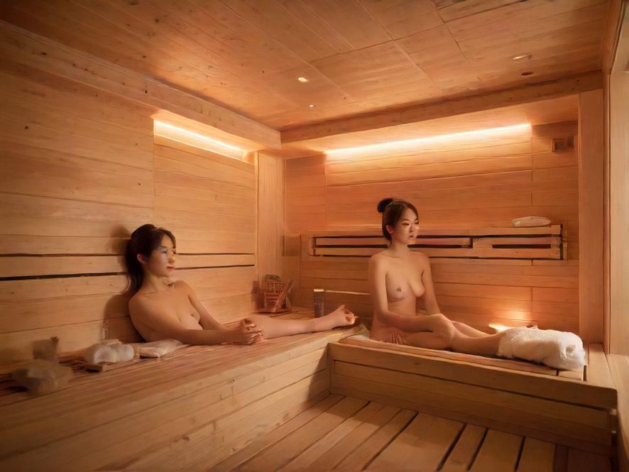 现代桑拿房内部,木质结构,柔和灯光,营造放松舒适的氛围