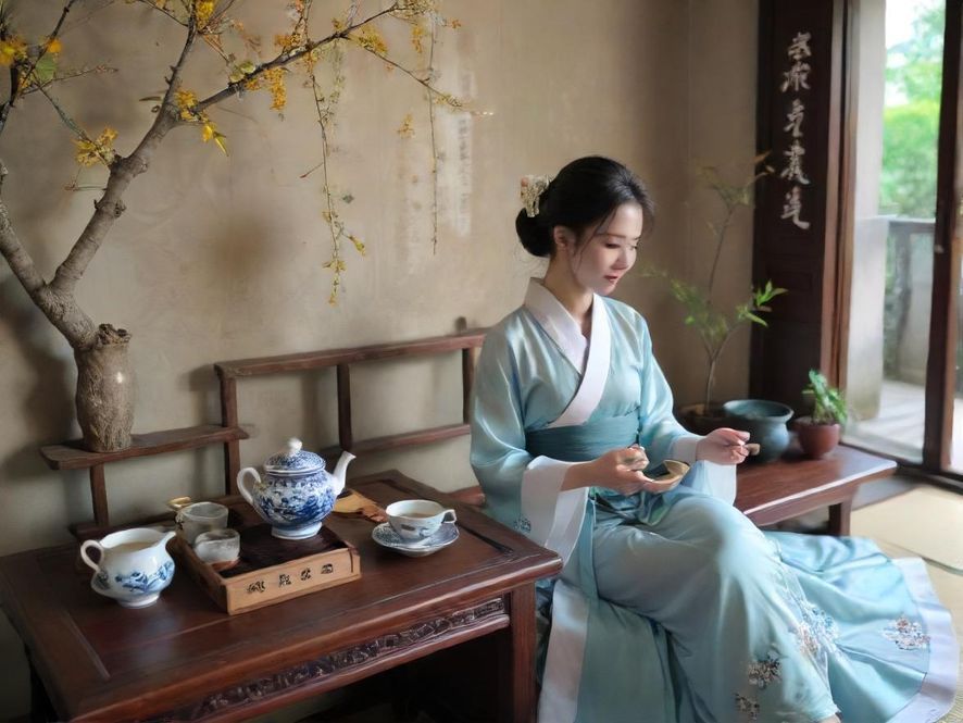 一位气质优雅的女性,在温馨雅致的茶室中,轻柔地品味着香茗,享受着片刻的宁静与美好。