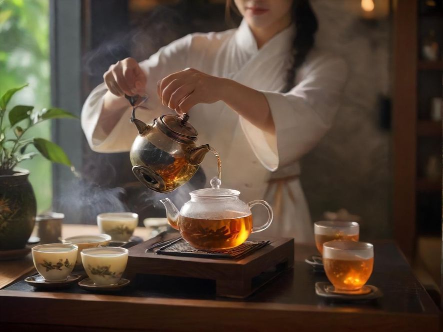 一位茶艺师正在精致的茶具前,优雅地冲泡着新茶,茶叶在水中舒展,画面唯美而富有禅意。