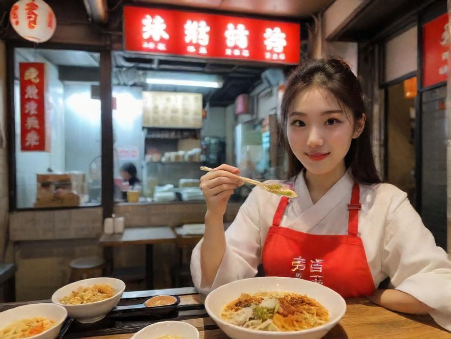 一位年轻女性在烟火气十足的小巷中,近距离特写品尝美食,脸上洋溢着满足的笑容,背景是琳琅满目的小吃摊。