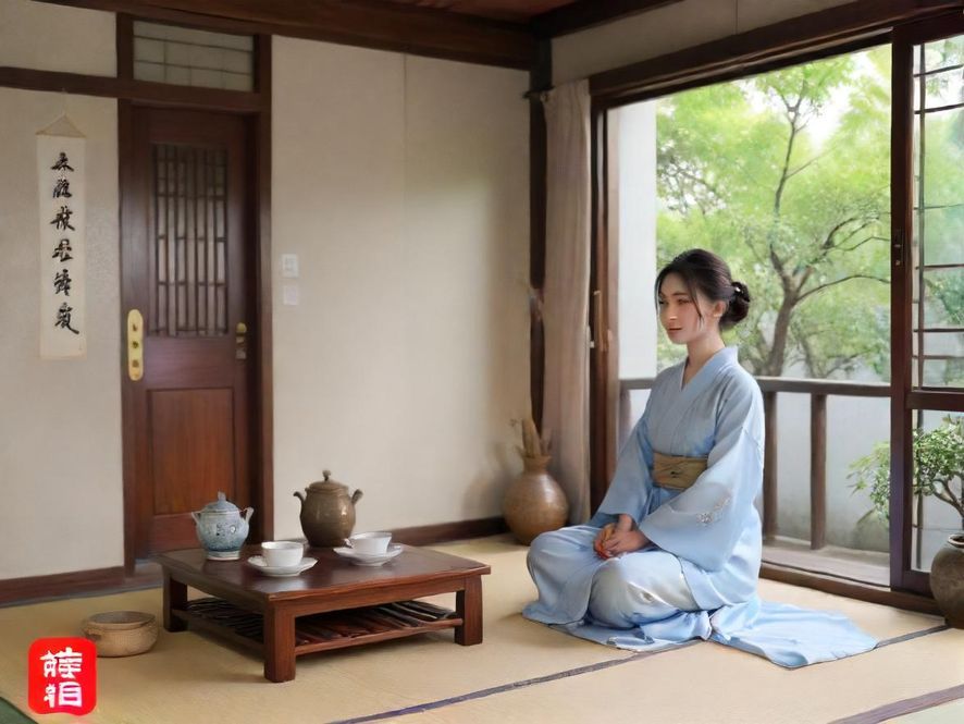 一位女性在qm阡陌温馨茶室里专注阅读,享受宁静的时光。