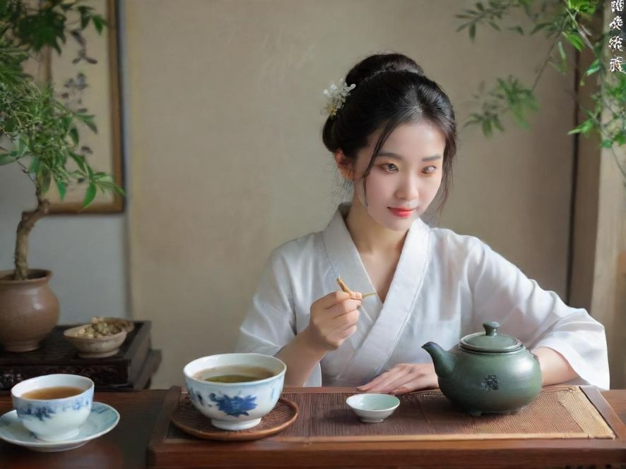 一位女士在雅致的茶室中品茶，背影在柔和灯光下显得格外放松，营造出私密而宁静的氛围。