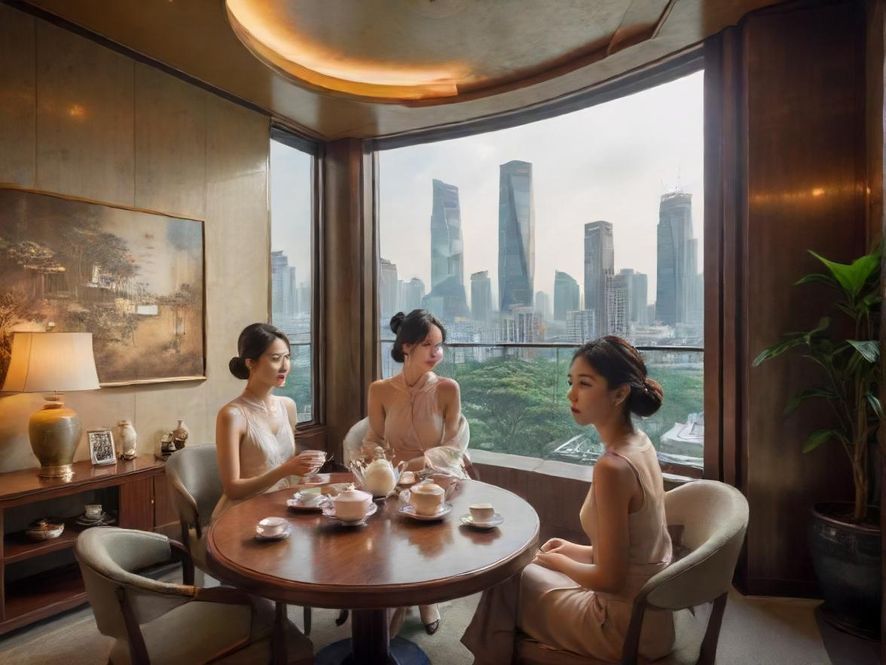 深圳一处幽静雅致的茶馆内部,光线柔和,几张古朴的茶桌错落有致,营造出私密的休闲氛围。