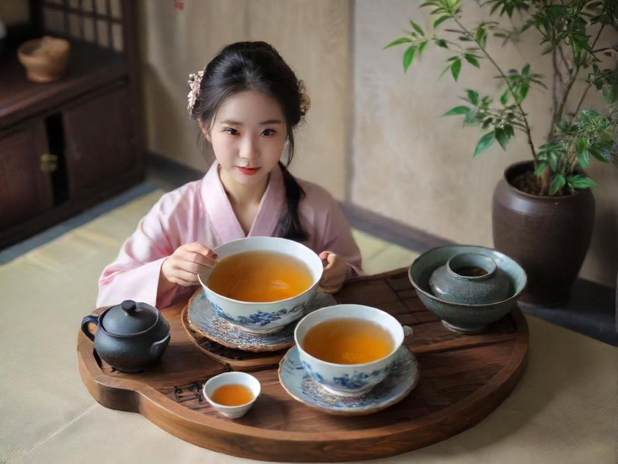 一位在上海品茶工作室中优雅品茶的女子,侧面特写,营造出唯美宁静的中式茶室意境。