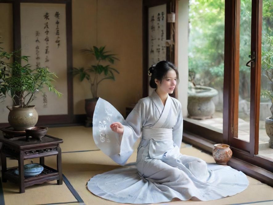 一位女士在深圳南山雅致茶室中品茗的场景,享受宁静时光