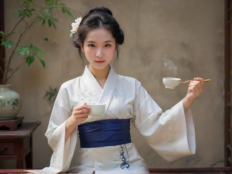 一位优雅的女性服务员手持精美茶点,特写镜头捕捉其柔和光线下的写实人像,背景是充满东方韵味的私人会所