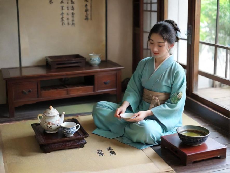 一位气质优雅的广州熟女,在温馨雅致的茶室中,轻柔地品味着香茗,眼神中流露出成熟的智慧与从容