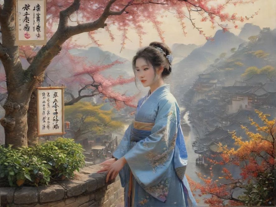 一位身着现代国风服装的女子,在深圳高楼林立的城市背景下,透过落地窗在雅致的茶空间里静心品茗,画面开阔而富有诗意。