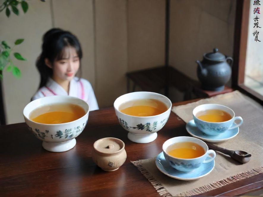 一位身着古典服饰的女子,在雅致的茶室中侧身品茶,光线柔和,充满东方韵味。