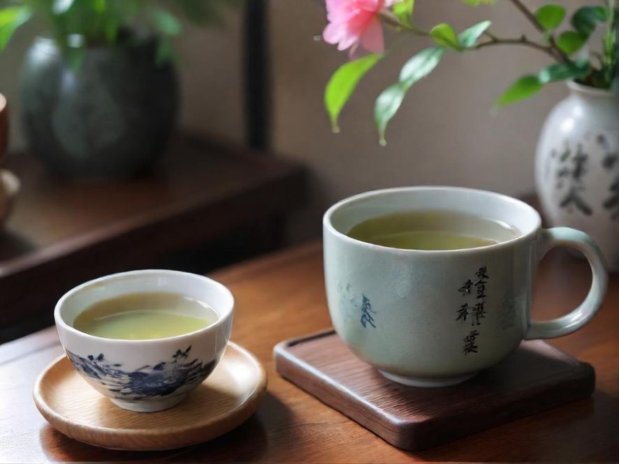 一个精美的茶杯和一套茶具的特写,摄影级照片,放置在木质茶几上