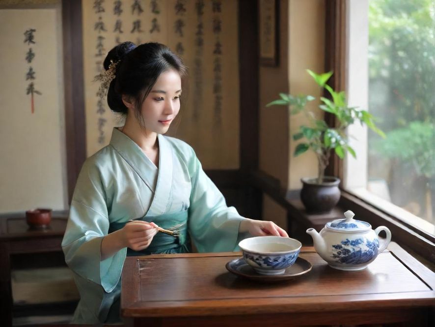 一位气质优雅的女士在温馨茶室中品茶，享受宁静时光