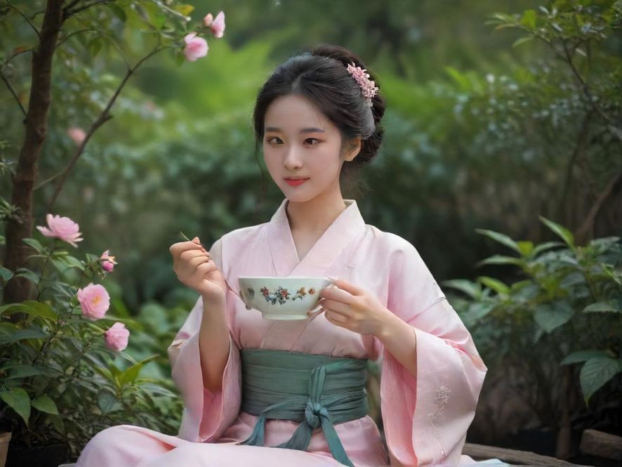 一位优雅的女士在充满花香的私密花园中，近景特写她轻柔地品尝着香茗，画面充满唯美意境。